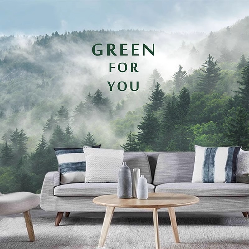 Home Improvement Background - ที่กําหนดเองภาพจิตรกรรมฝาผนัง Misty Forest วอลล์เปเปอร์ห้องนั่งเล่นโซฟาทีวีพื้นหลัง Nordic Pine