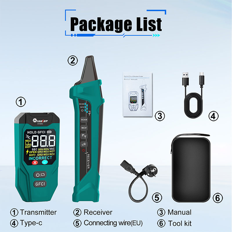 Circuit Breaker Finder - TOOLTOP ET32 เครื่องส่งสัญญาณค้นหาเบรกเกอร์วงจรดิจิตอล+ตัวรับสัญญาณ รองรับการทดสอบสายไฟ/NVC/GFCI